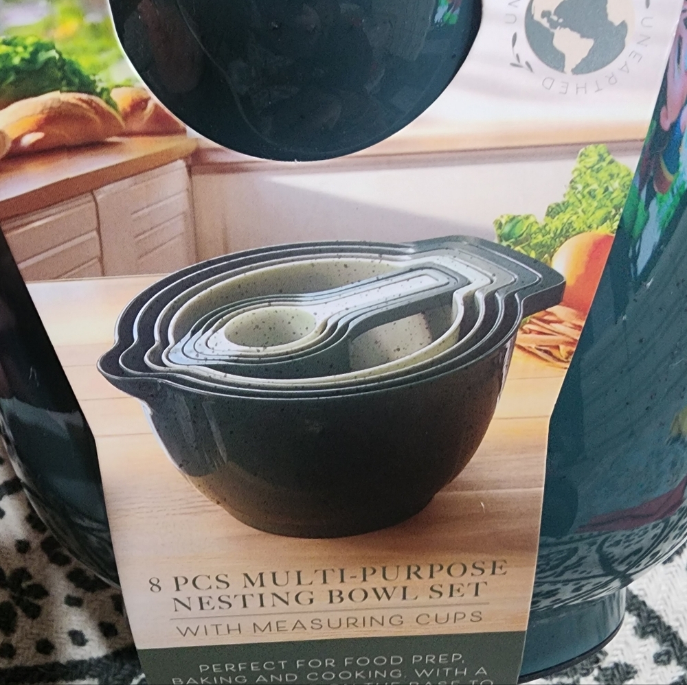 8-Piece Multi-Purpose Nesting Bowl Set With Measuring Cups , Green  New